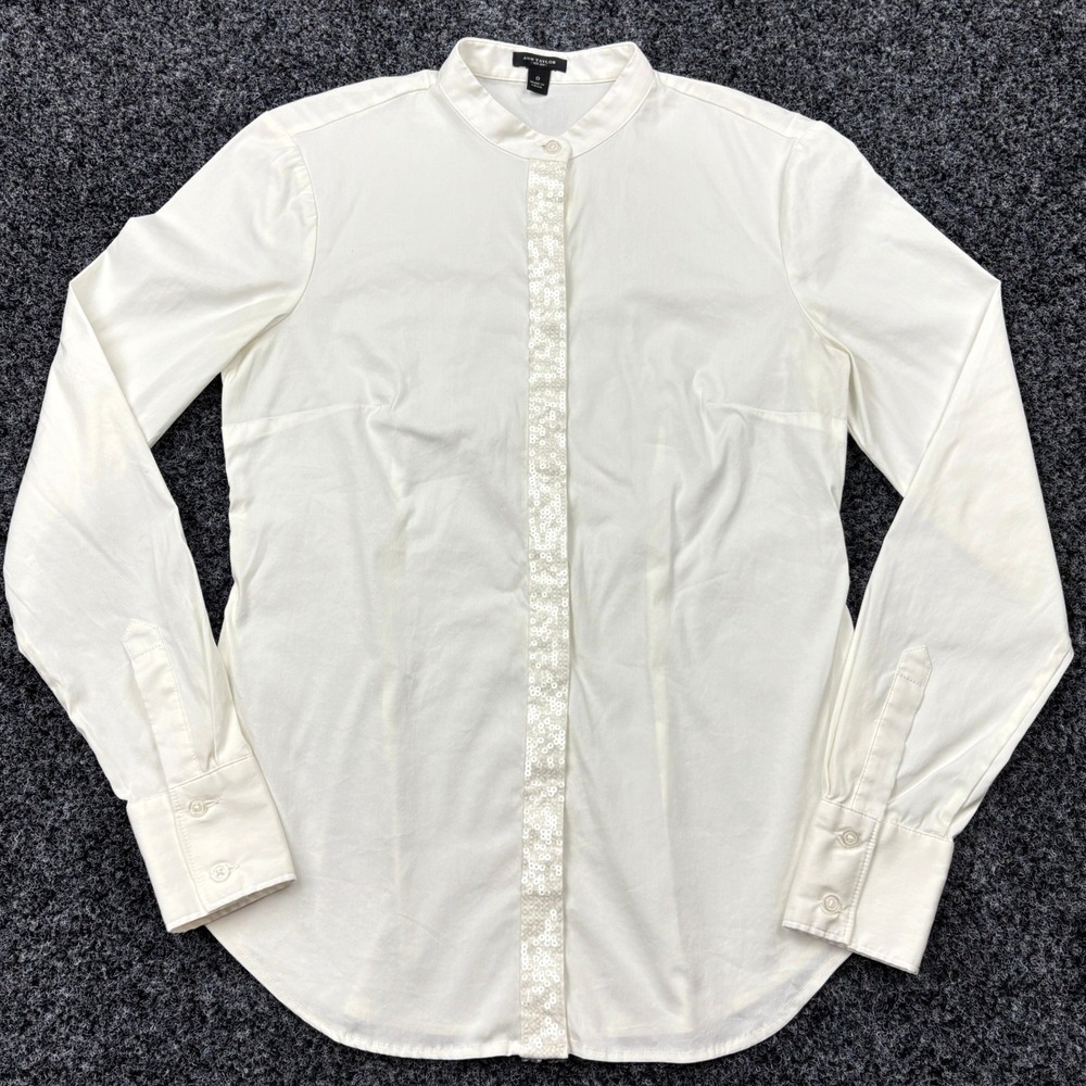 Ann Taylor Blouse Womens 0 White Sequin Placket Band Collar Stretch Poplin Shirt